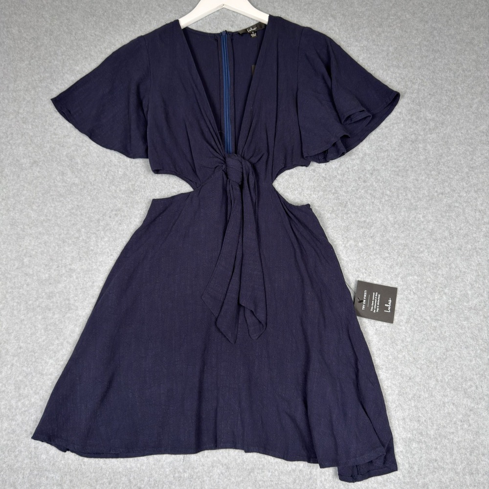 NWT Lulus Navy Cutout Flutter Sleeve Linen Blend Mini Dress Sz S Boho Romantic